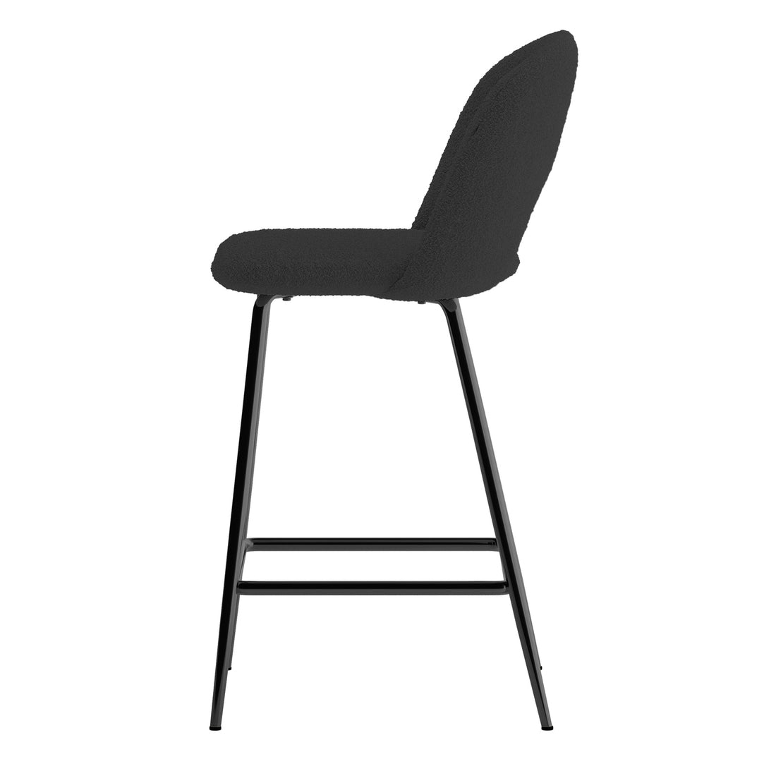 Evie High Back Boucle Bar Stool Set of 2 in Black, featuring a modern design with low padded backrests and seats in textured fabric, supported by slender metal legs with two-tiered footrests.
