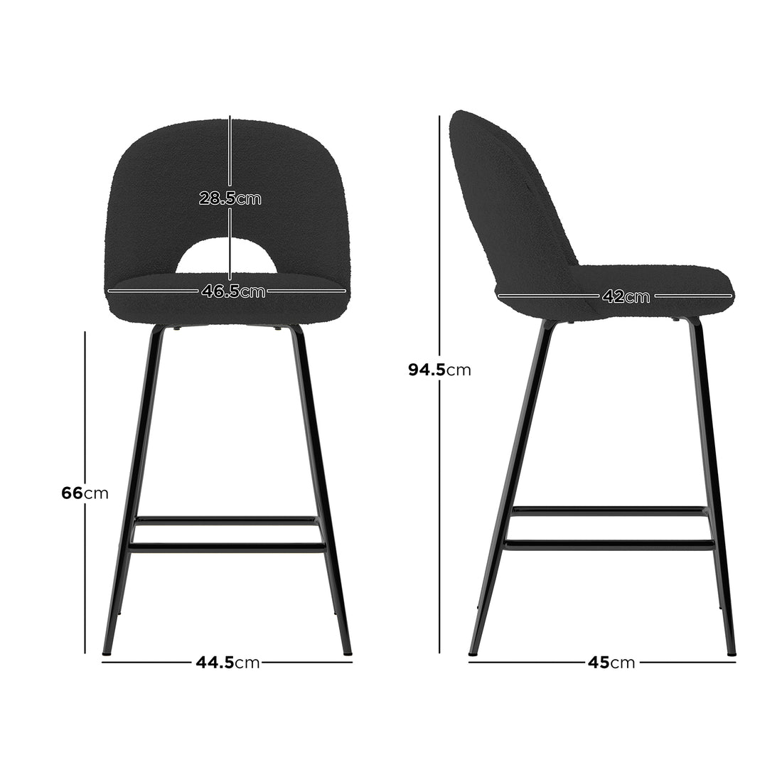 Evie High Back Boucle Bar Stool Set of 2 in Black features sleek, slim metal legs with a built-in footrest, plush boucle fabric, and precise dimensions, offering modern elegance and comfort.