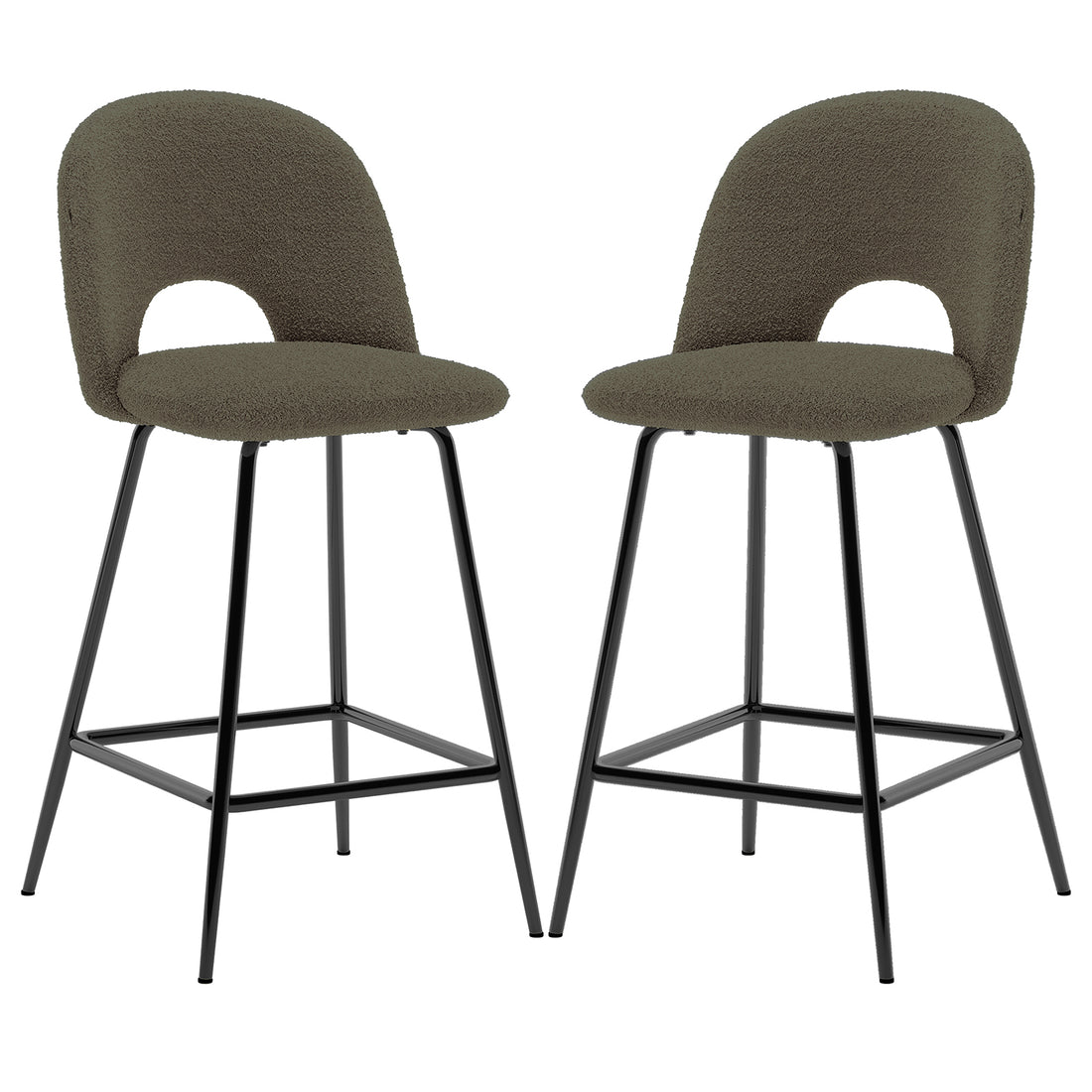 Evie Boucle Bar Stool Set of 2 in Green features rounded seats with low backs, arched openings, black metal legs, and footrest. Ideal for kitchen islands or bar areas.