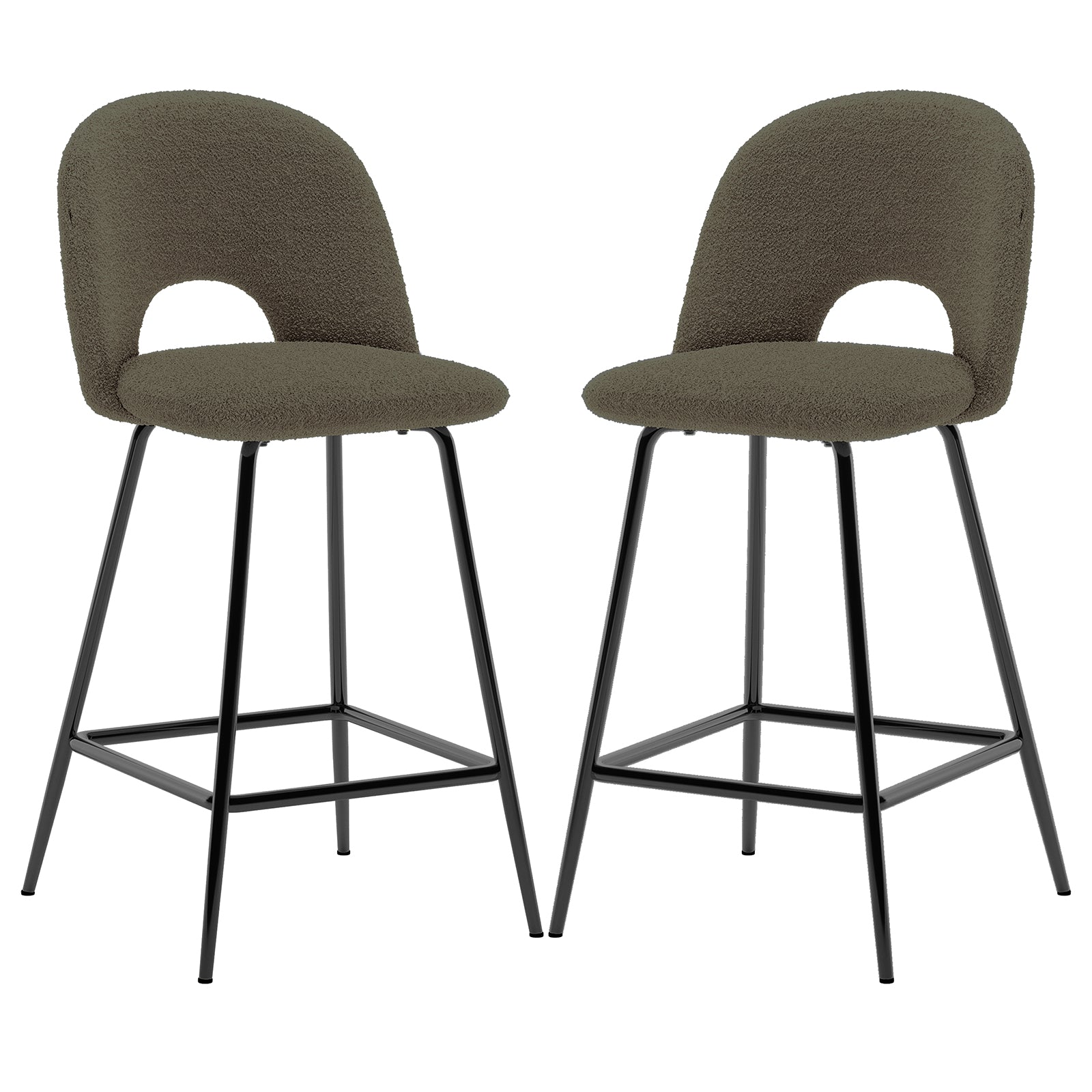 Evie Boucle Bar Stool Set of 2 in Green features rounded seats with low backs, arched openings, black metal legs, and footrest. Ideal for kitchen islands or bar areas.