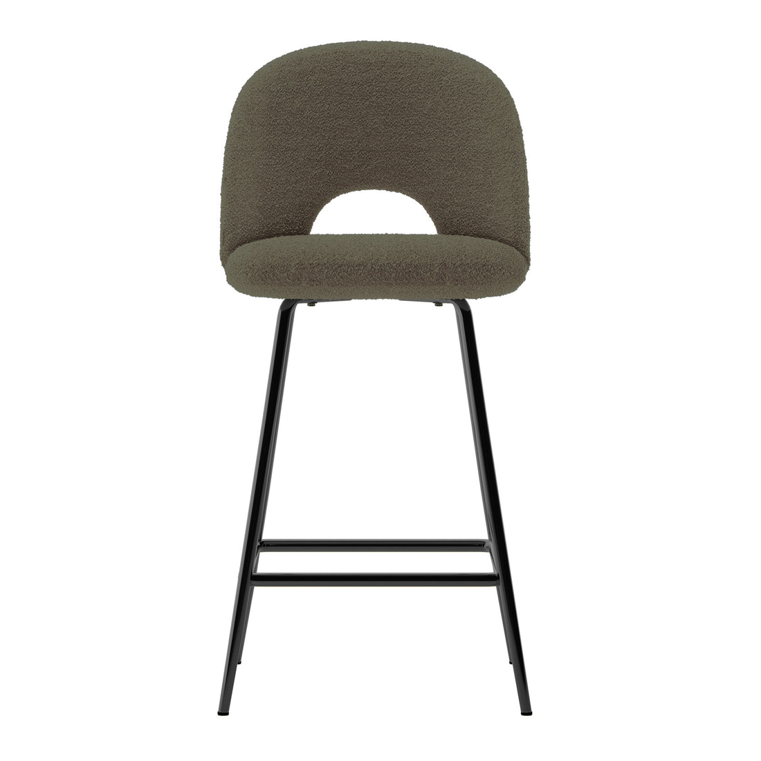 Evie High Back Boucle Bar Stool Set of 2 in Green features olive-green upholstered seats with open cut-outs, slender black metal legs, and footrests, showcasing a modern, ergonomic design.