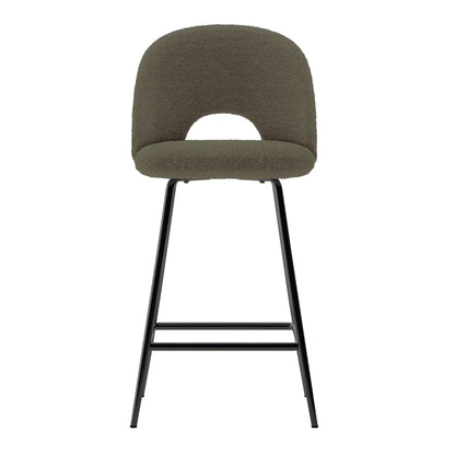 Evie High Back Boucle Bar Stool Set of 2 in Green features olive-green upholstered seats with open cut-outs, slender black metal legs, and footrests, showcasing a modern, ergonomic design.