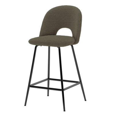 Evie High Back Boucle Bar Stool Set of 2 in Green, featuring textured, fabric-upholstered seats with an opening backrest, on sleek black metal legs with foot-rest bars, offering modern elegance and comfort.