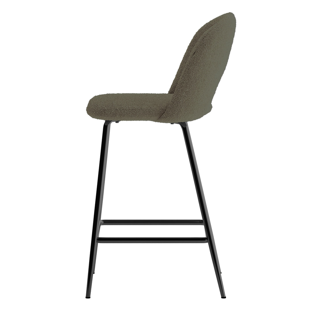 Evie High Back Boucle Bar Stool Set of 2 in Green, featuring a textured upholstered seat and low back, with slender black metal legs and integrated footrest, ideal for modern spaces.