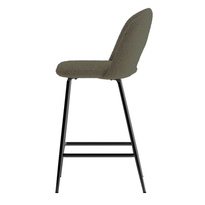 Evie High Back Boucle Bar Stool Set of 2 in Green, featuring a textured upholstered seat and low back, with slender black metal legs and integrated footrest, ideal for modern spaces.