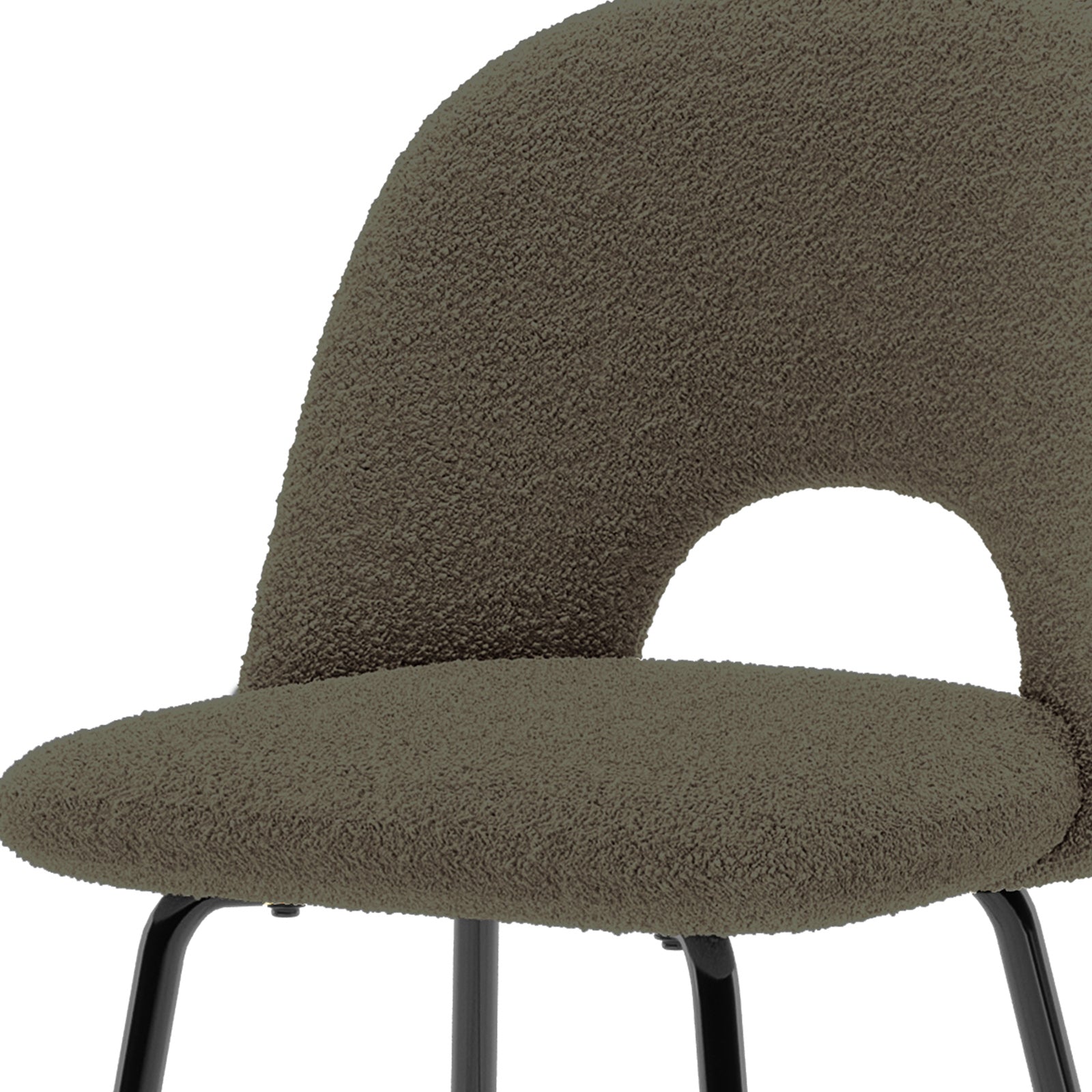 Evie High Back Boucle Bar Stool Set of 2 in Green features a modern design with a taupe-brown bouclé-style fabric, curved back with a cut-out, and slender black-metal legs.