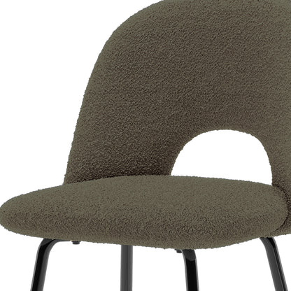 Evie High Back Boucle Bar Stool Set of 2 in Green features a modern design with a taupe-brown bouclé-style fabric, curved back with a cut-out, and slender black-metal legs.