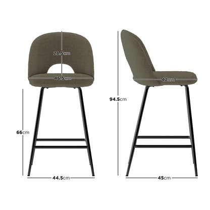 Evie Boucle Bar Stool Set of 2 in Green, featuring plush upholstery, sleek metal legs, ergonomic design with a curved backrest, and detailed dimensions for a modern, comfortable seating experience.