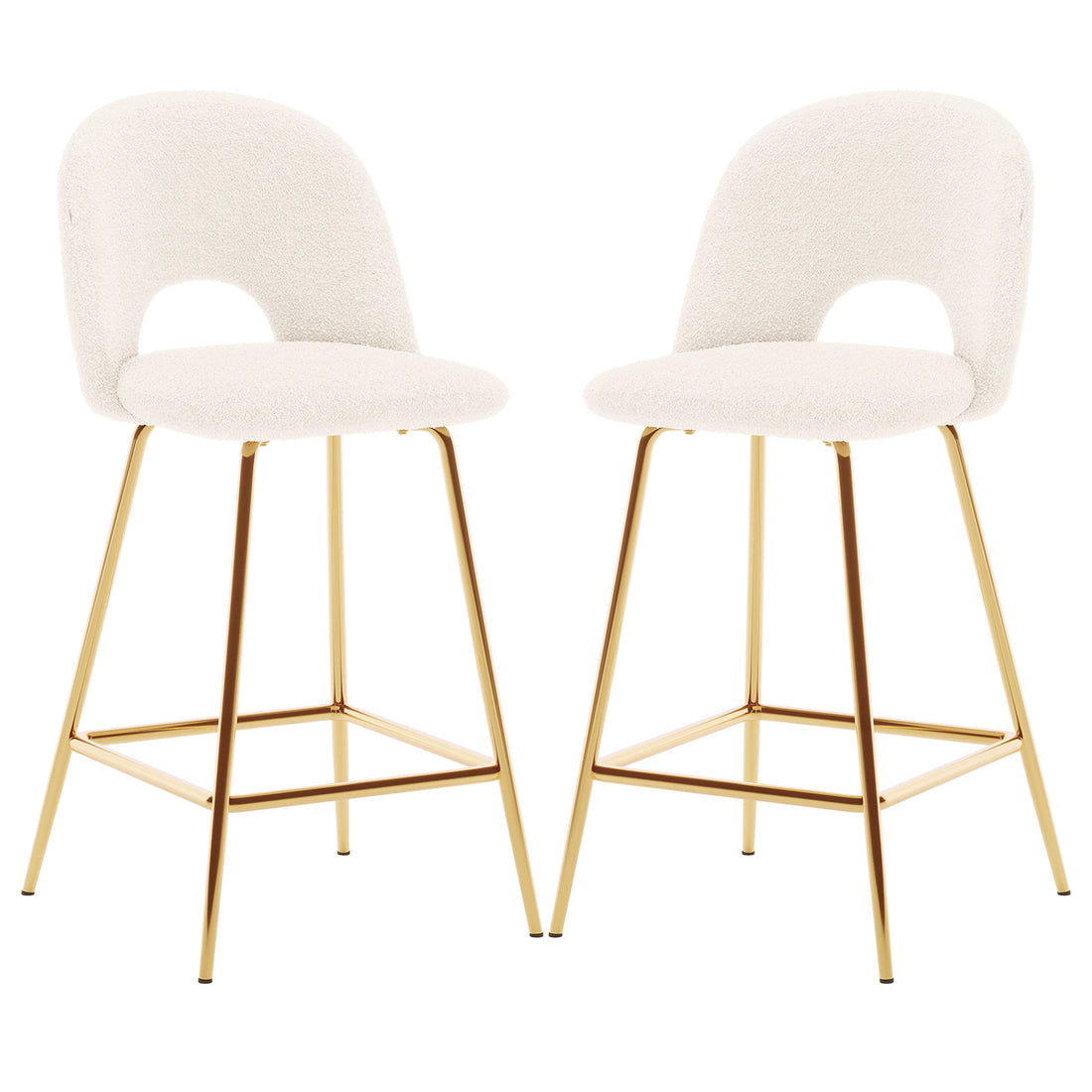 Evie High Back Boucle Bar Stool Set of 2 in White features cream boucle seats with curved backs, open cut-outs, and gold-plated legs, offering a modern, elegant touch to any space.