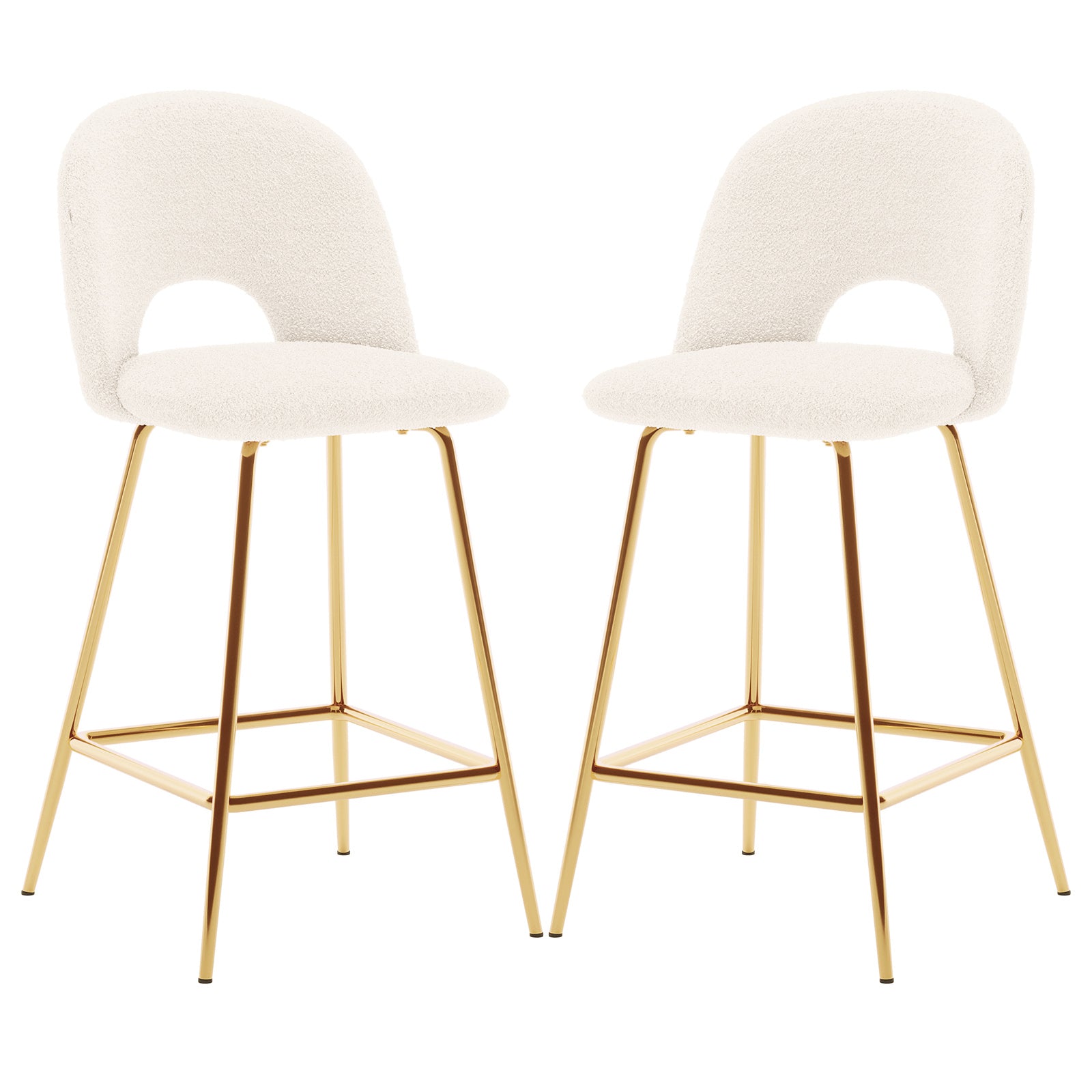 Evie High Back Boucle Bar Stool Set of 2 in White features cream boucle seats with curved backs, open cut-outs, and gold-plated legs, offering a modern, elegant touch to any space.