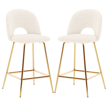 Evie High Back Boucle Bar Stool Set of 2 in White features cream boucle seats with curved backs, open cut-outs, and gold-plated legs, offering a modern, elegant touch to any space.
