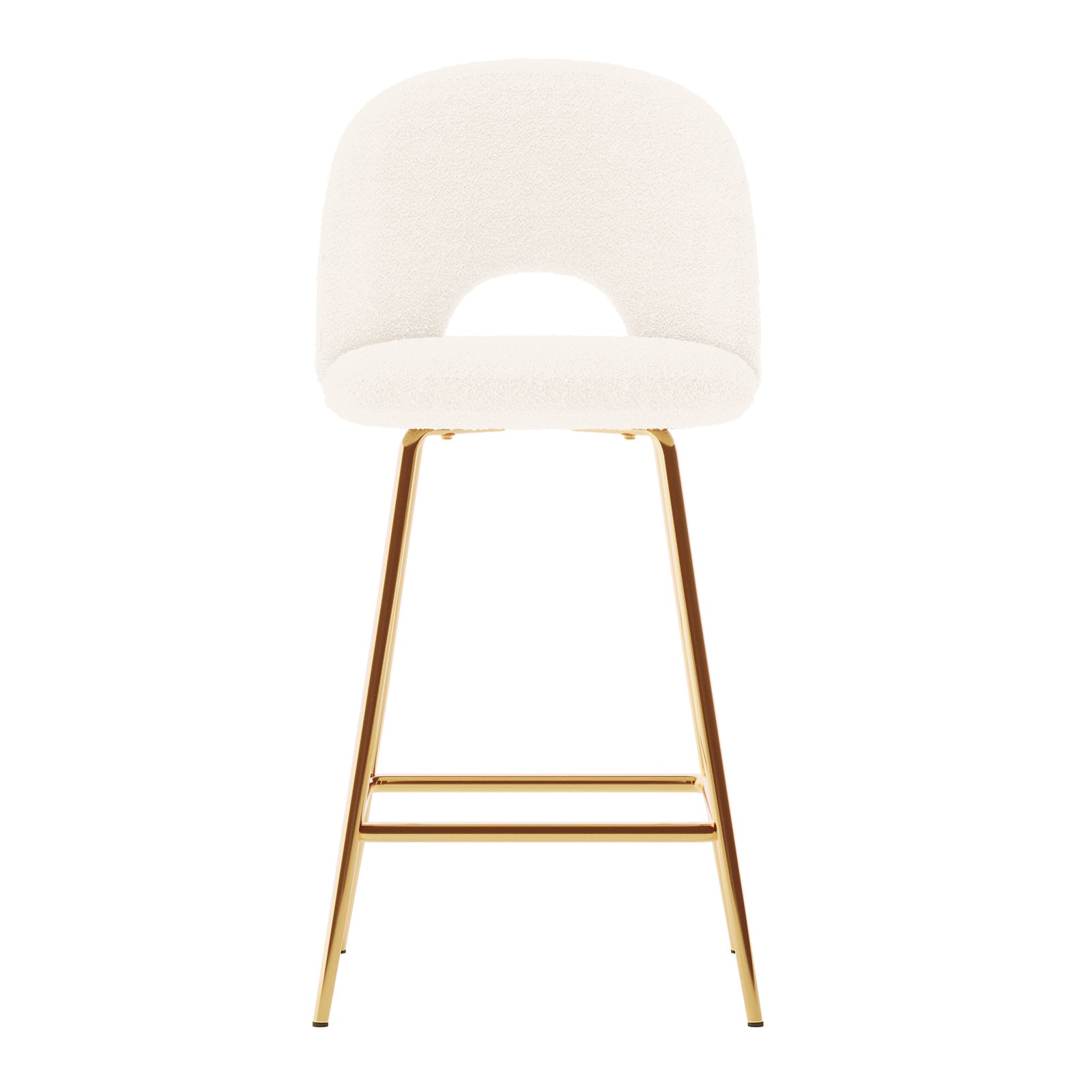 Evie High Back Boucle Bar Stool Set of 2 in White, featuring a modern design with white boucle upholstery, slim gold-finished metallic frame, and built-in footrest. Ideal for contemporary bar areas.