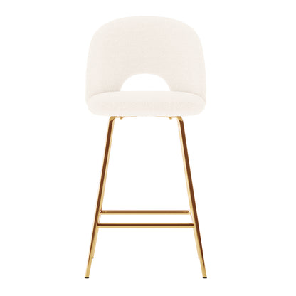 Evie High Back Boucle Bar Stool Set of 2 in White, featuring a modern design with white boucle upholstery, slim gold-finished metallic frame, and built-in footrest. Ideal for contemporary bar areas.