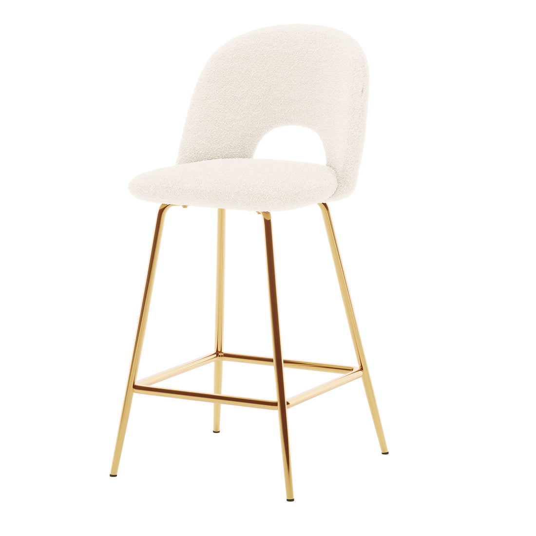 Evie High Back Boucle Bar Stool Set of 2 in White, featuring plush off-white upholstery with an arched cut-out backrest on gleaming gold-tone metal legs and a square footrest.