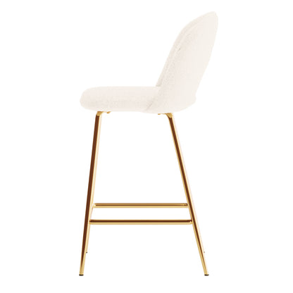 Evie High Back Boucle Bar Stool Set of 2 in White, featuring a rounded upholstered seat and low back in bouclé fabric, with slim gold-finished metal legs and footrest bars, against a white background.