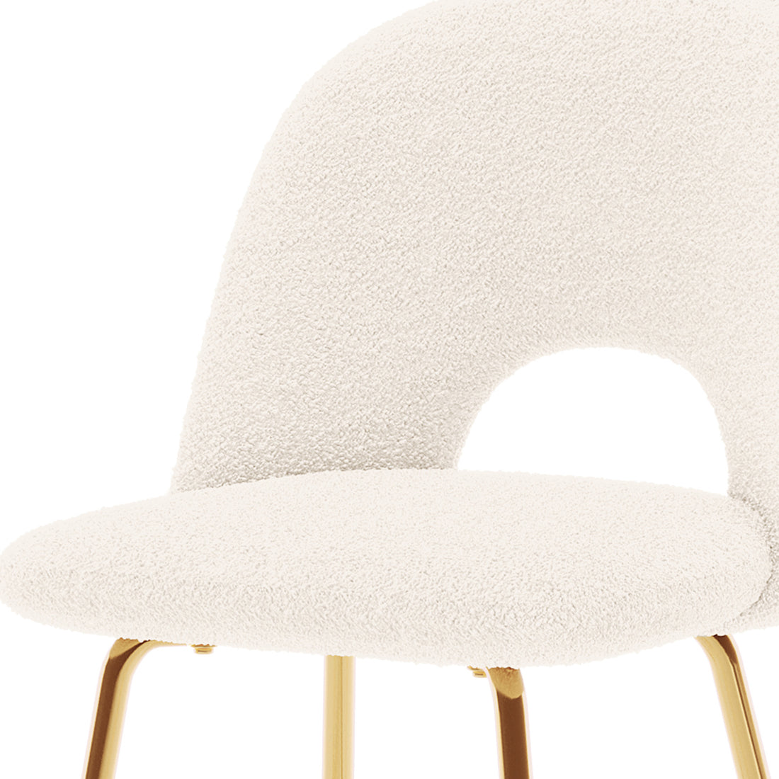 Evie High Back Boucle Bar Stool Set of 2 in White, featuring a creamy-white boucle fabric with a rounded cut-out backrest and slender gold-metal legs, exuding modern elegance and comfort.