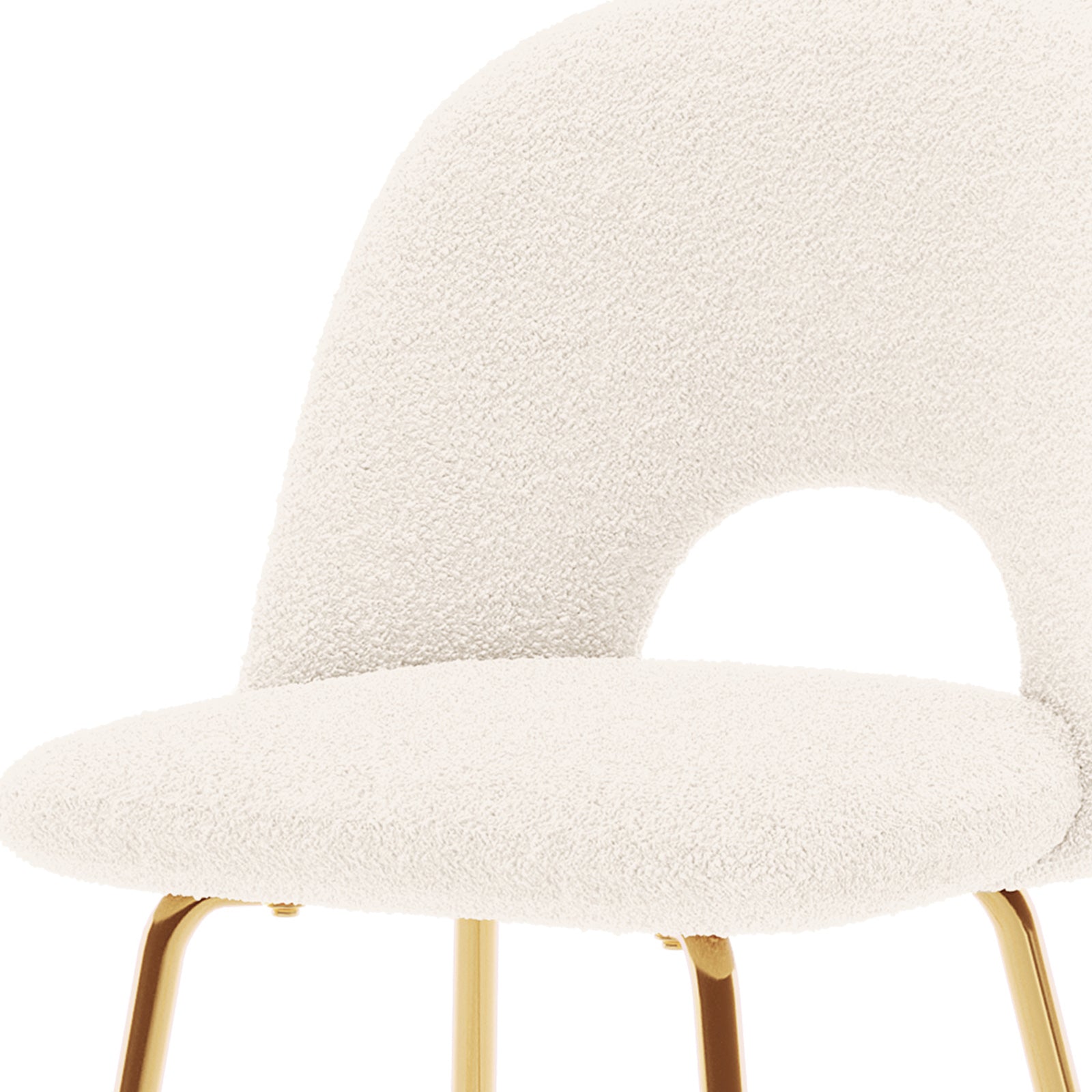 Evie High Back Boucle Bar Stool Set of 2 in White, featuring a creamy-white boucle fabric with a rounded cut-out backrest and slender gold-metal legs, exuding modern elegance and comfort.