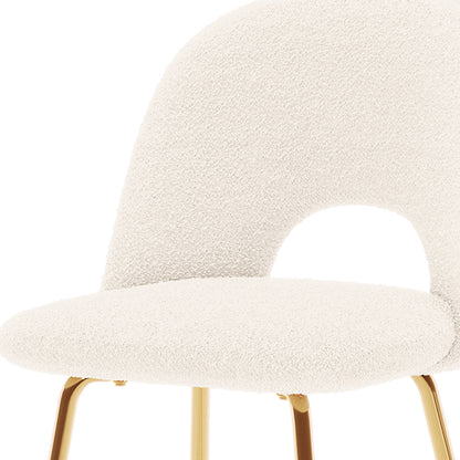 Evie High Back Boucle Bar Stool Set of 2 in White, featuring a creamy-white boucle fabric with a rounded cut-out backrest and slender gold-metal legs, exuding modern elegance and comfort.