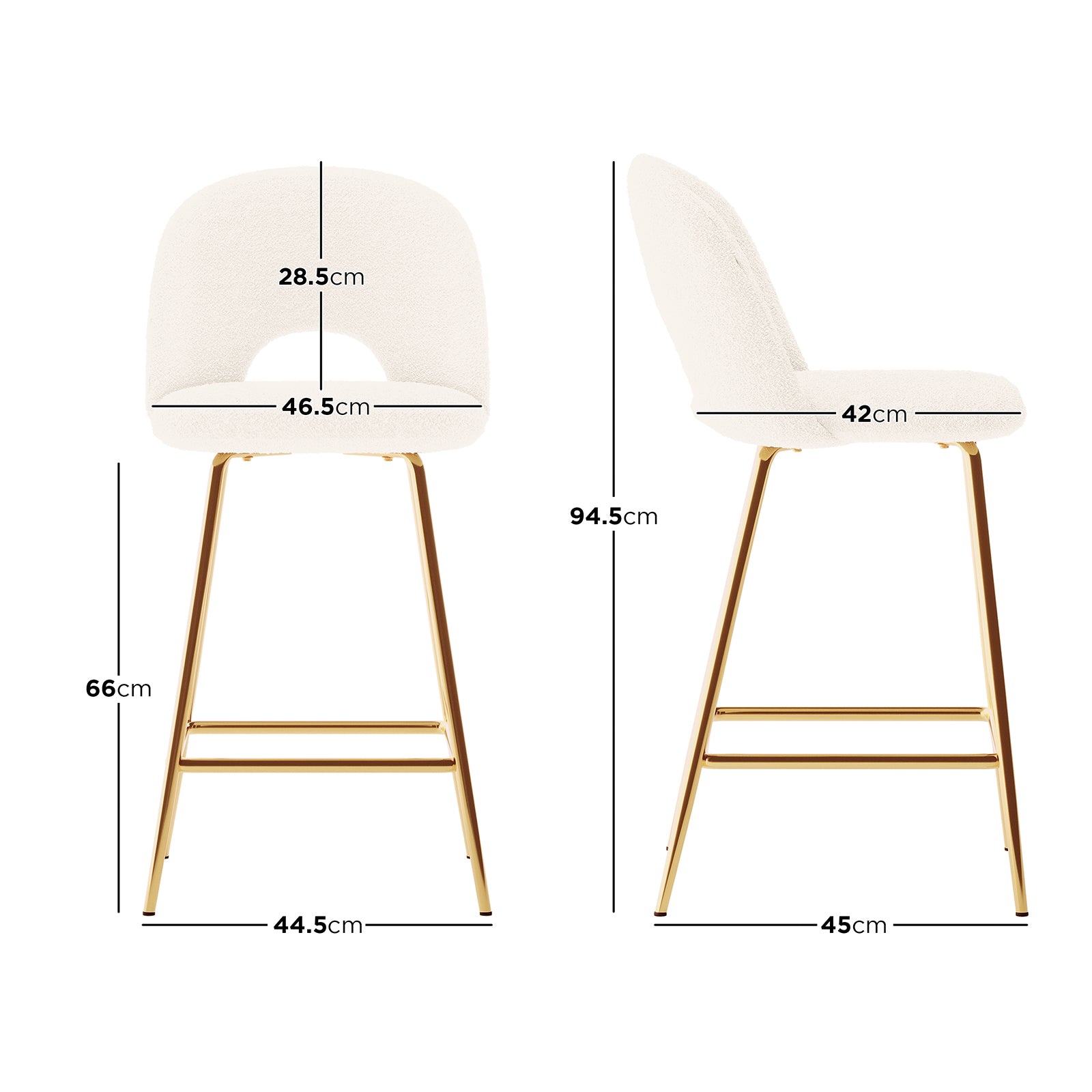 Evie High Back Boucle Bar Stool Set of 2 in White, featuring cream-white boucle upholstery, curved backrest, polished gold-tone legs with footrest, and key dimensions displayed for front and side views.