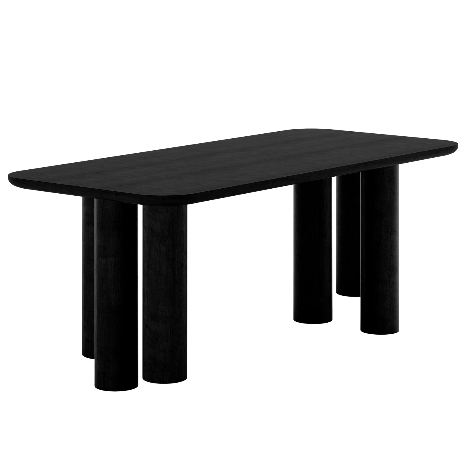 Faunus 200cm 8 Seater Dining Table in Black features a minimalist, oval top with six evenly spaced, thick cylindrical legs, highlighting its modern, elegant design perfect for contemporary dining spaces.