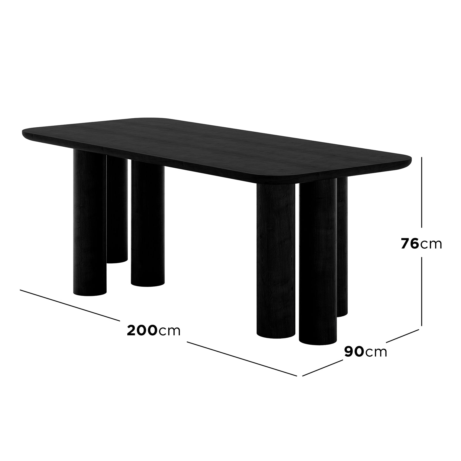 Faunus 200cm 8 Seater Dining Table in Black featuring a modern rectangular design with rounded corners and chunky cylindrical legs, ideal for contemporary dining spaces. Dimensions: Length 200cm, Width 90cm, Height 76cm.