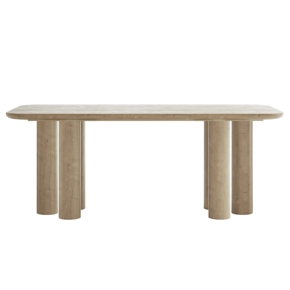 Faunus 200cm 8 Seater Dining Table in Natural featuring a minimalist design with rounded corners and thick, cylindrical pillar legs, set against a plain white background, showcasing its elegant and contemporary style.