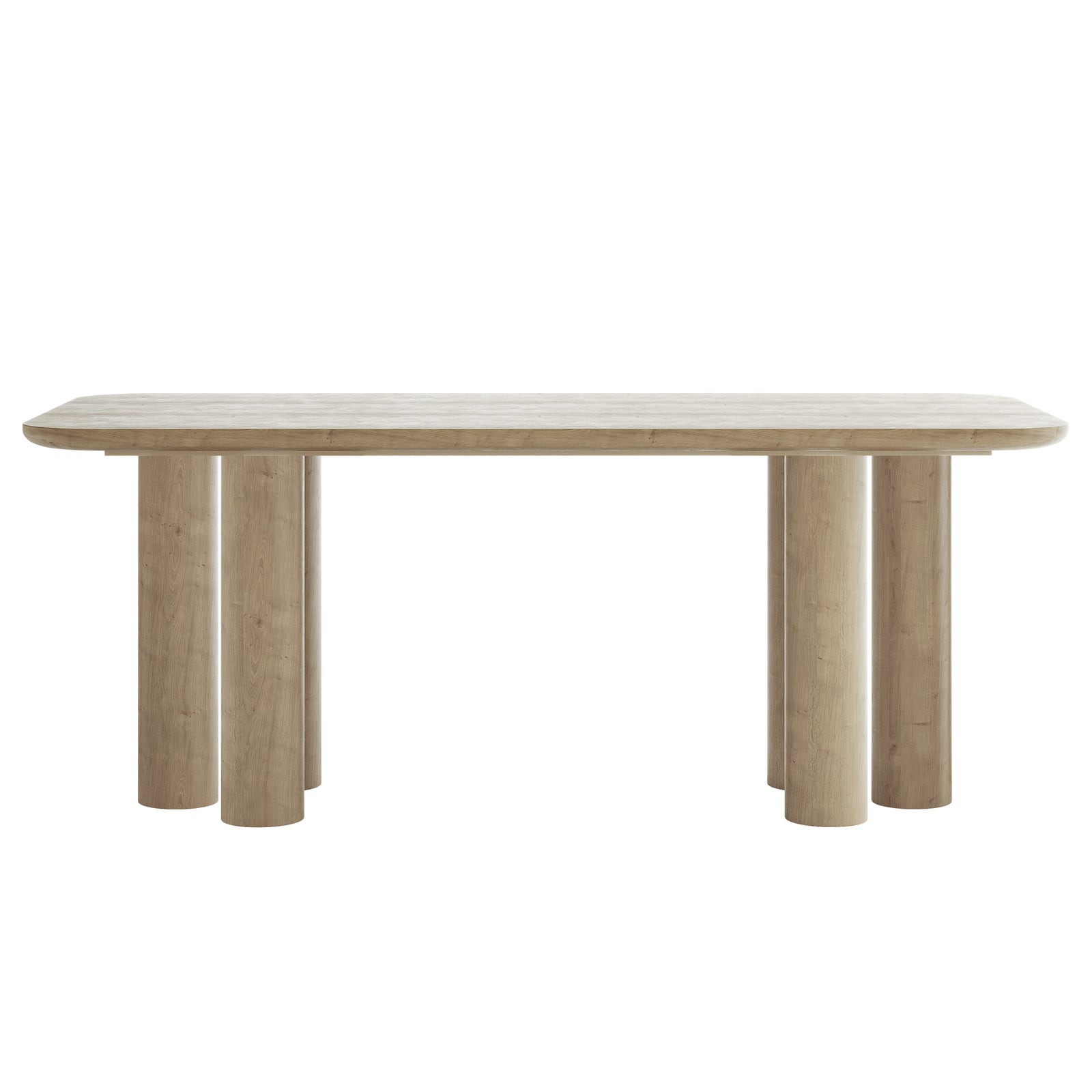 Faunus 200cm 8 Seater Dining Table in Natural featuring a minimalist design with rounded corners and thick, cylindrical pillar legs, set against a plain white background, showcasing its elegant and contemporary style.