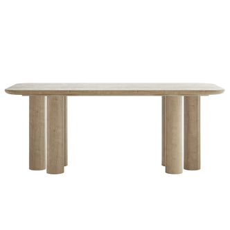 Faunus 200cm 8 Seater Dining Table in Natural featuring a minimalist design with rounded corners and thick, cylindrical pillar legs, set against a plain white background, showcasing its elegant and contemporary style.
