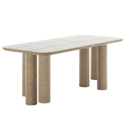Faunus 200cm 8 Seater Dining Table in Natural features a rounded-corner rectangular top and six thick cylindrical legs, offering a minimalist design with a smooth finish, ideal for modern dining spaces.