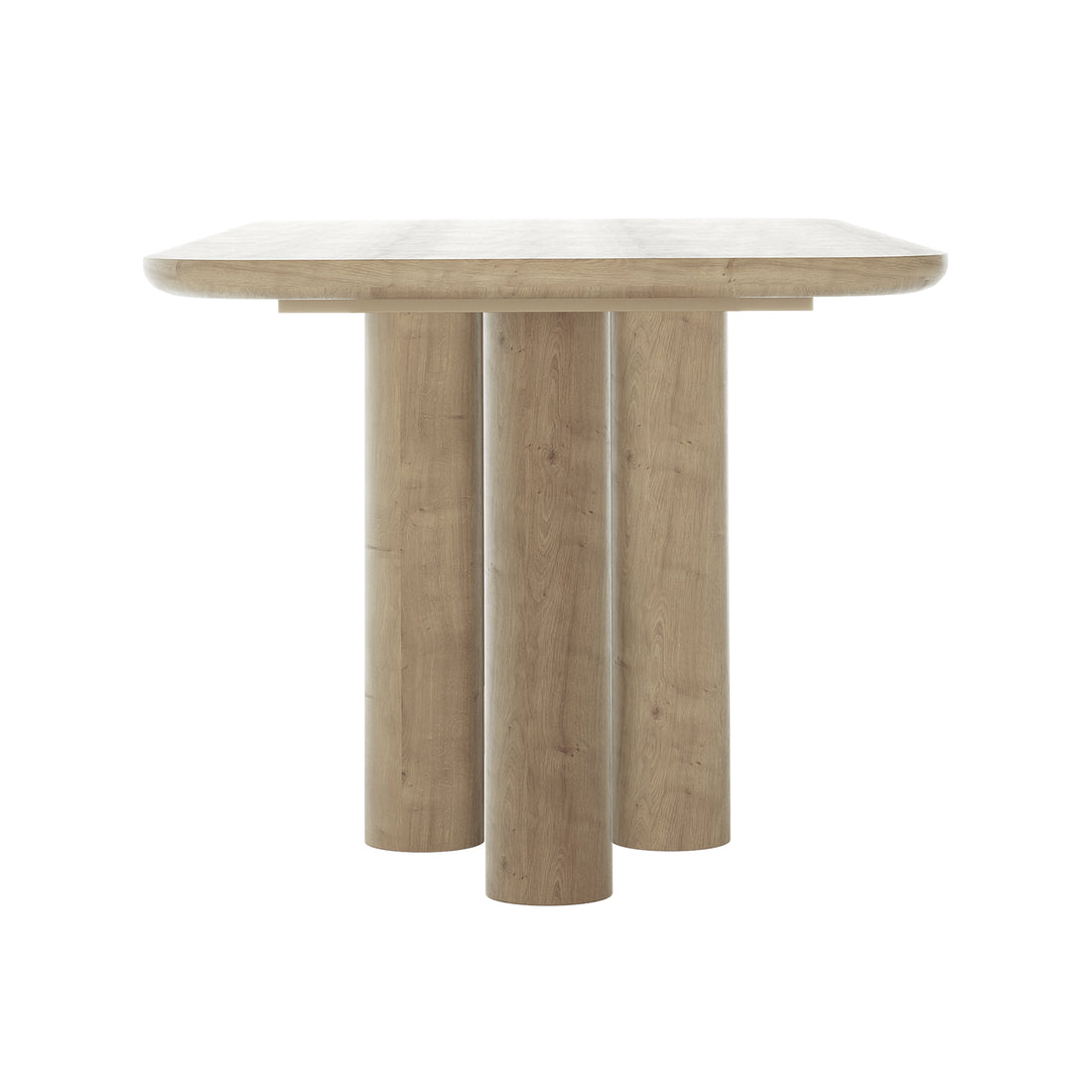 Faunus 200cm 8 Seater Dining Table in Natural, featuring a thick, rounded square top on central cylindrical pedestal legs, showcasing a minimalist design with a light oak finish.