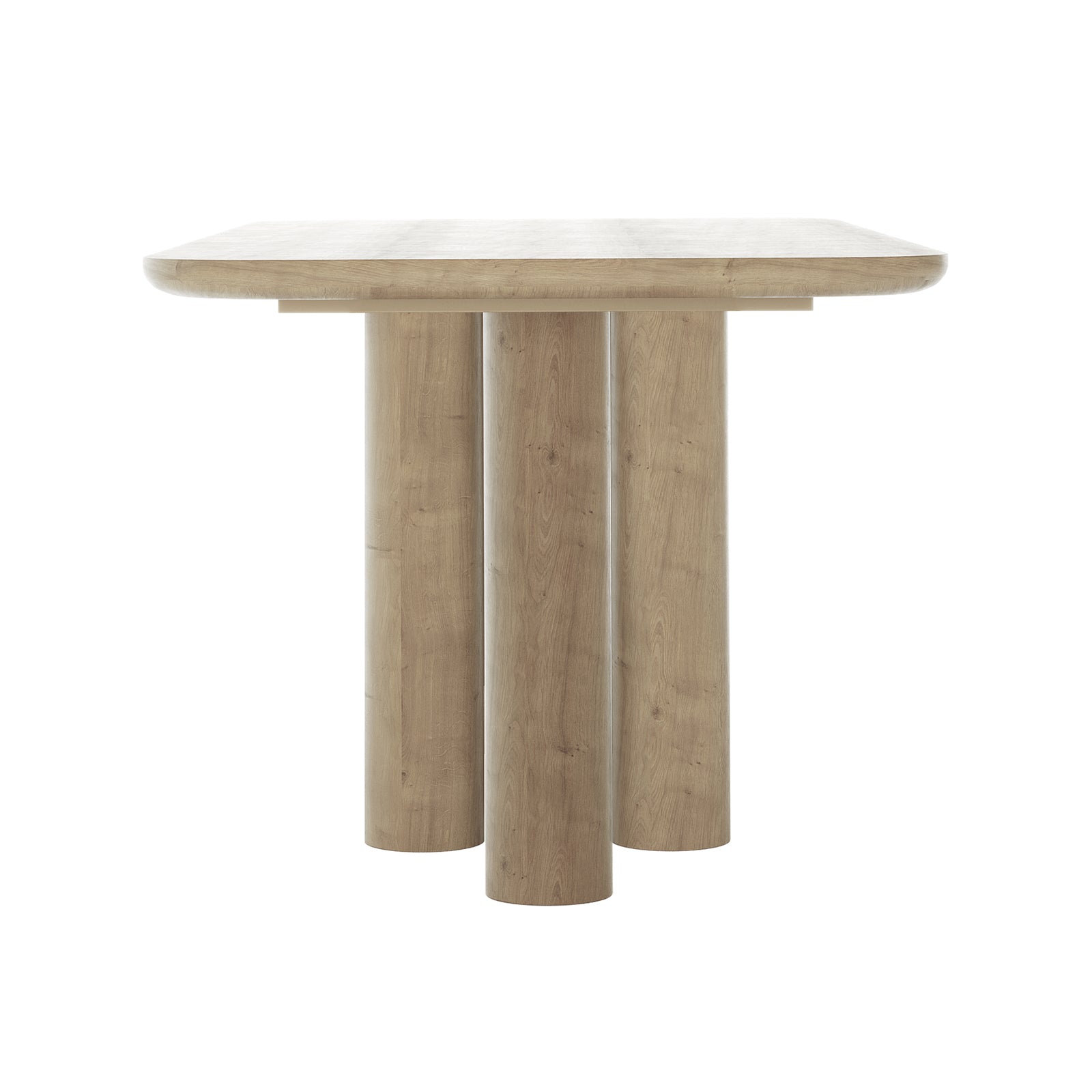 Faunus 200cm 8 Seater Dining Table in Natural, featuring a thick, rounded square top on central cylindrical pedestal legs, showcasing a minimalist design with a light oak finish.