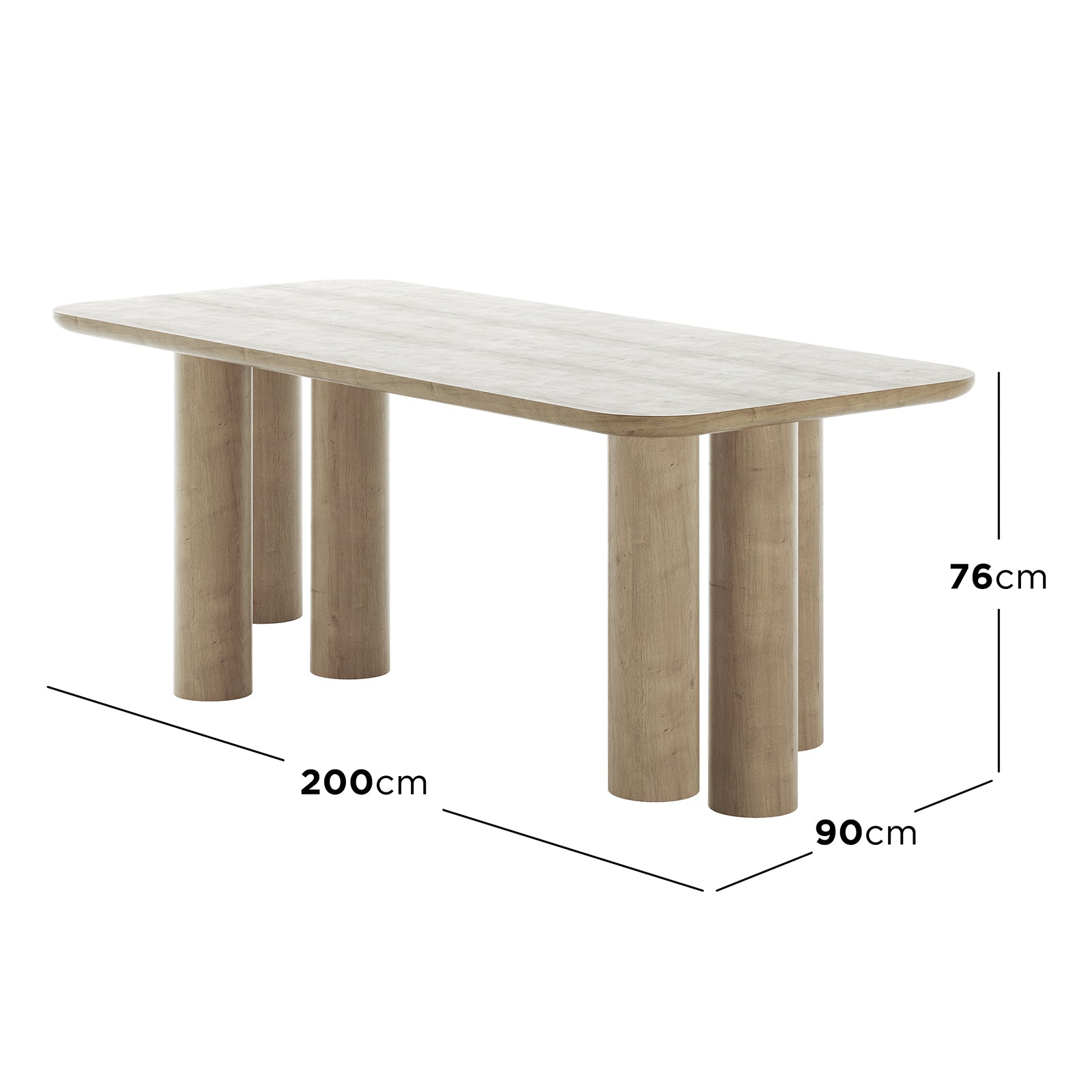 Faunus 200cm 8 Seater Dining Table in Natural with a sleek, light oak-wood finish features six chunky, cylindrical pillar legs, showcasing a modern, spacious design ideal for contemporary dining spaces.
