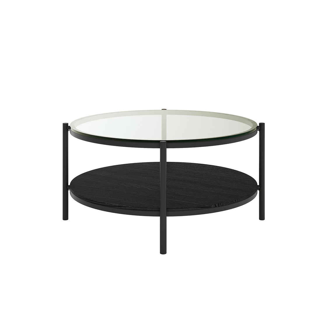 Frances 80cm Round Tempered Glass Coffee Table in Black features a clear glass top, black metal frame, and a black wood lower tier, supported by four sleek metal legs.