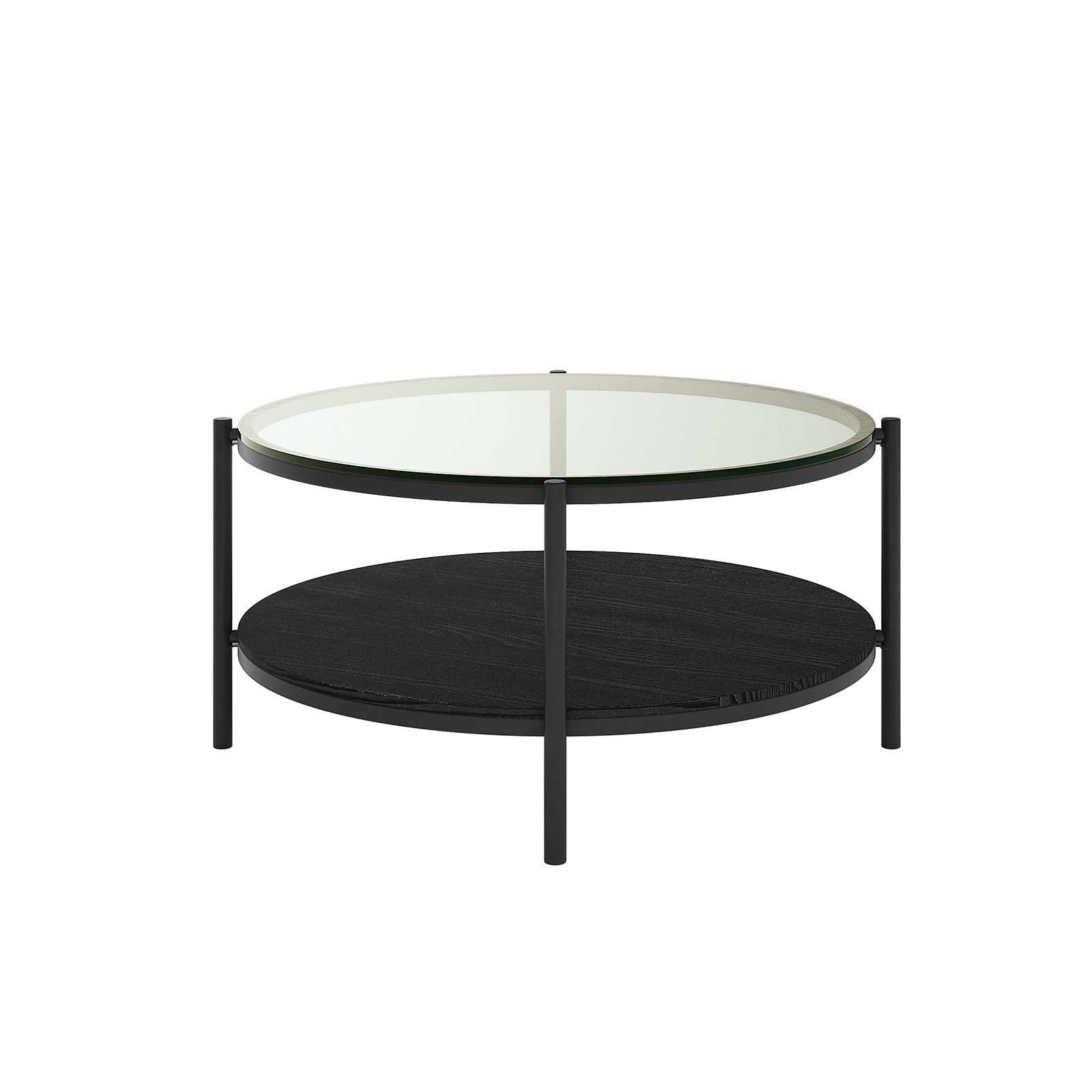 Frances 80cm Round Tempered Glass Coffee Table in Black features a clear glass top, black metal frame, and a black wood lower tier, supported by four sleek metal legs.