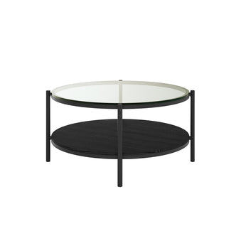 Frances 80cm Round Tempered Glass Coffee Table in Black features a clear glass top, black metal frame, and a black wood lower tier, supported by four sleek metal legs.