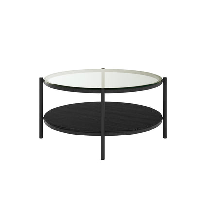 Frances 80cm Round Tempered Glass Coffee Table in Black features a clear glass top, black metal frame, and a black wood lower tier, supported by four sleek metal legs.
