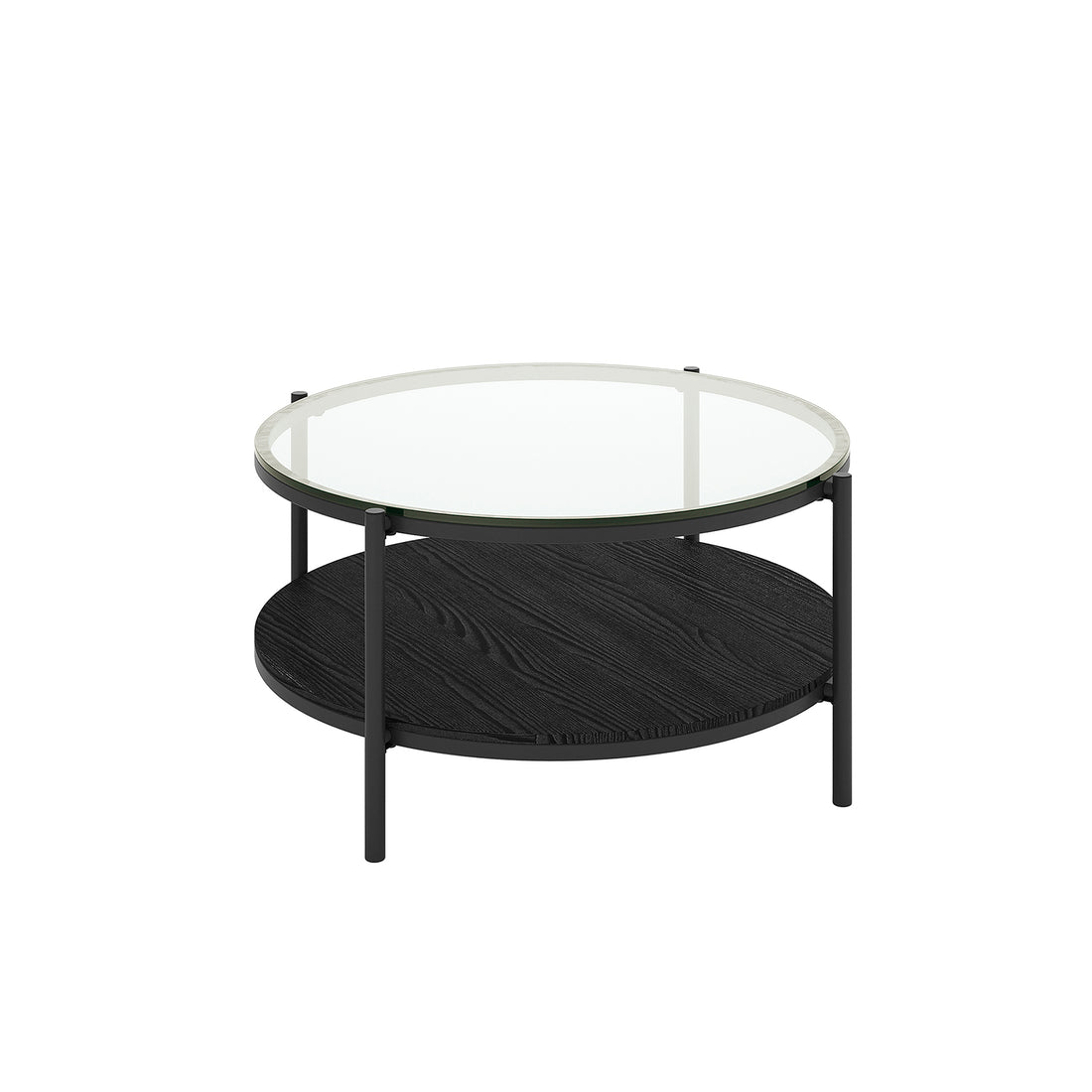 Frances 80cm Round Tempered Glass Coffee Table in Black features a sleek glass top and black metal frame with a round black wood shelf for extra storage.