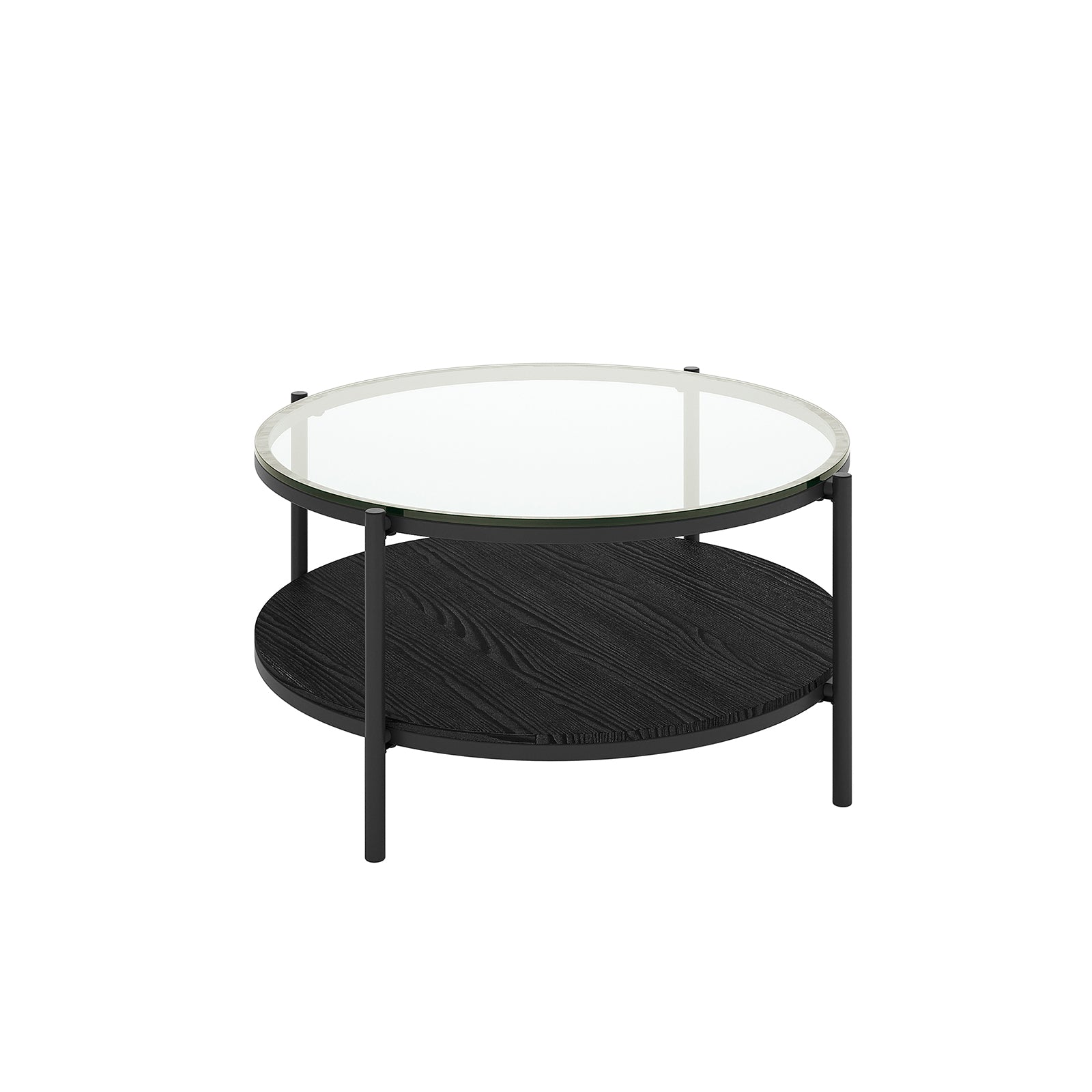 Frances 80cm Round Tempered Glass Coffee Table in Black features a sleek glass top and black metal frame with a round black wood shelf for extra storage.