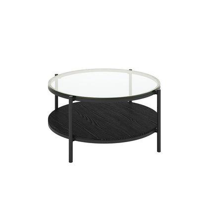 Frances 80cm Round Tempered Glass Coffee Table in Black features a sleek glass top and black metal frame with a round black wood shelf for extra storage.