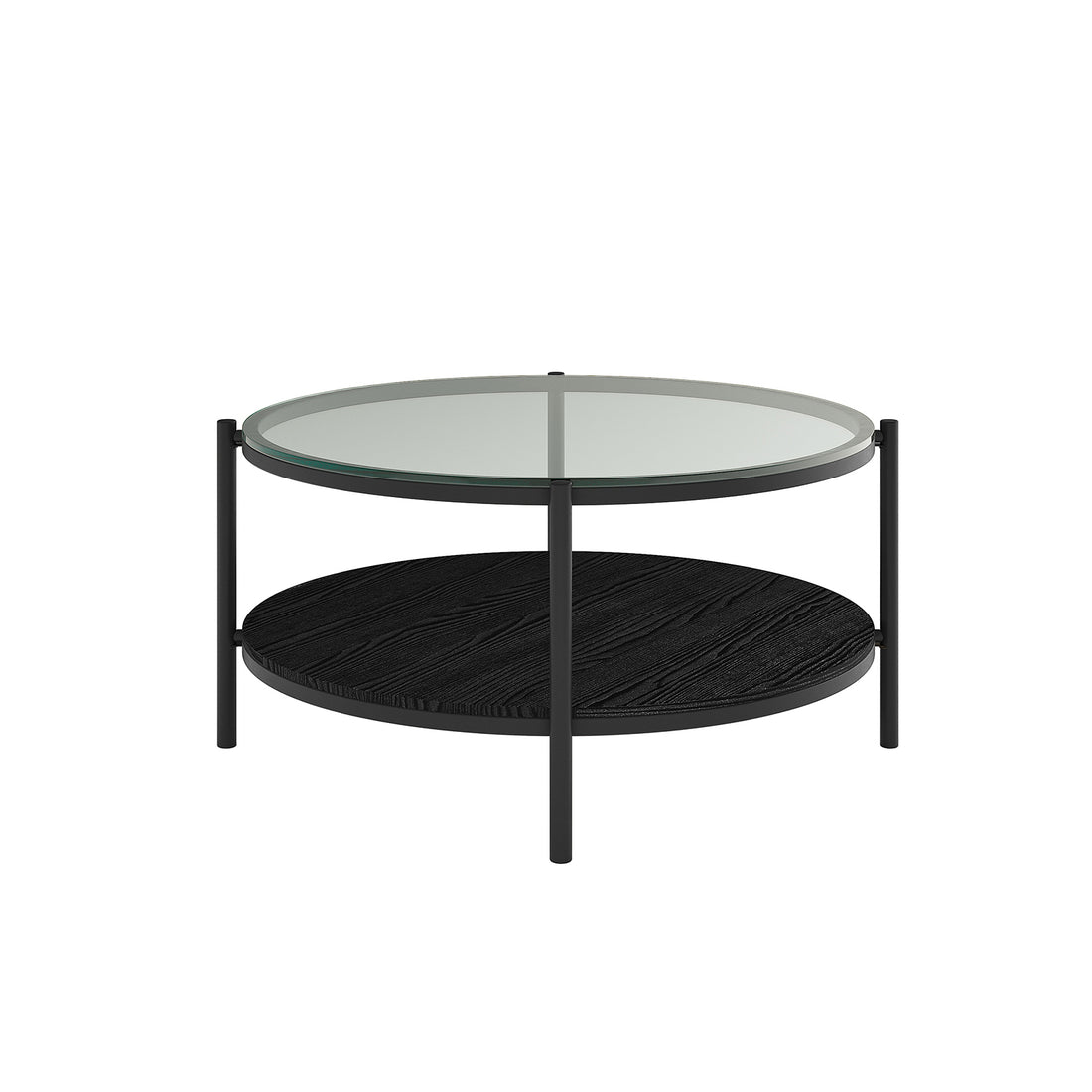 Frances 80cm Round Tempered Glass Coffee Table in Black, featuring a clear glass top, slim black metal legs, and a lower black-wood textured shelf for storage or display.