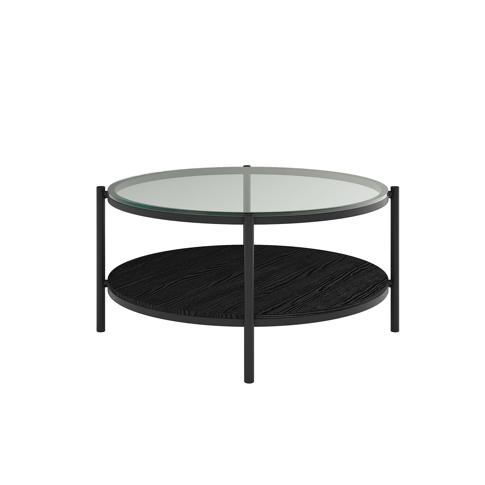 Frances 80cm Round Tempered Glass Coffee Table in Black, featuring a clear glass top, slim black metal legs, and a lower black-wood textured shelf for storage or display.