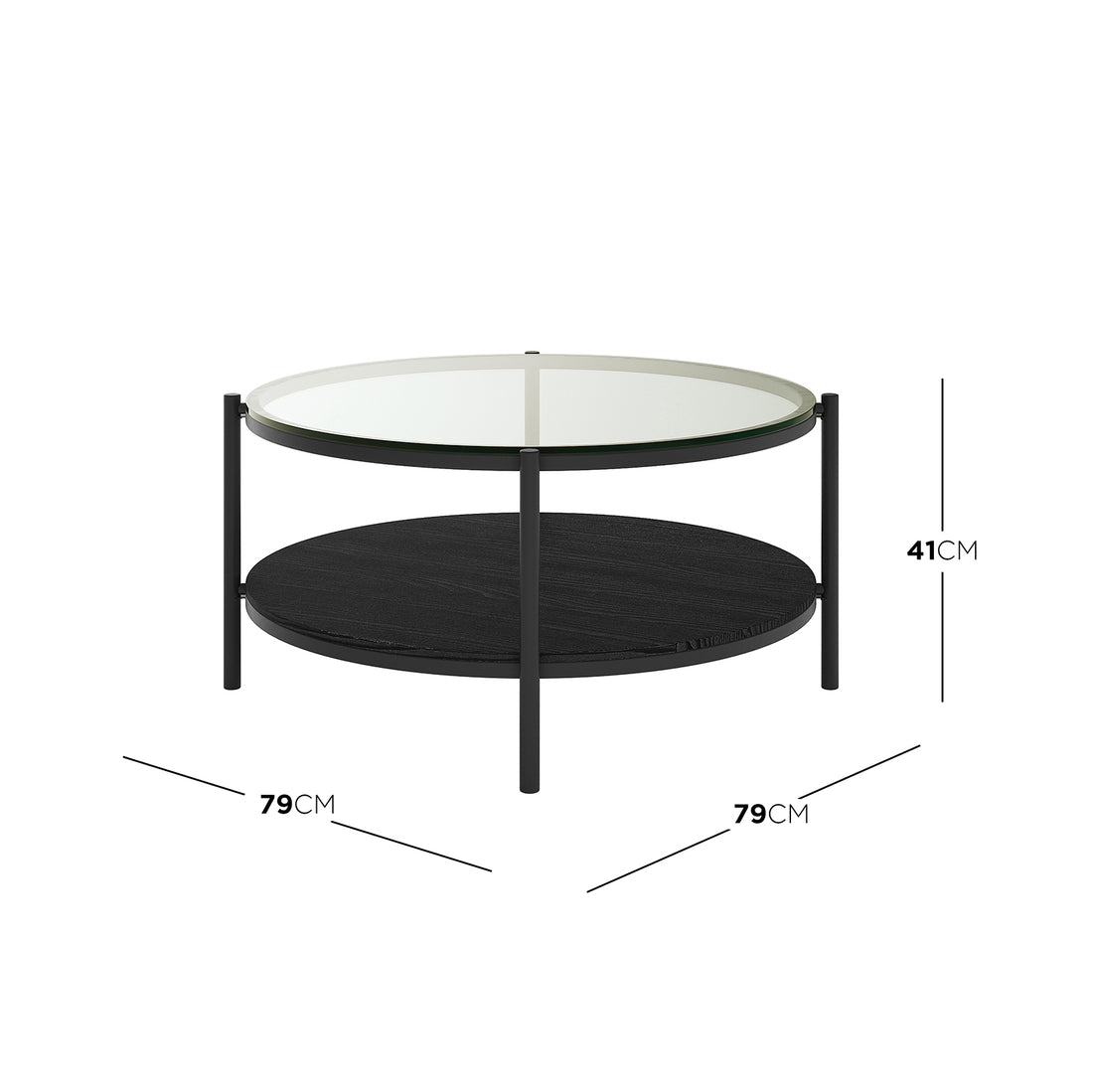 Frances 80cm Round Tempered Glass Coffee Table in Black, featuring a sleek black metal frame, clear glass top, and matching lower shelf, measuring 79 cm diameter and 41 cm height.