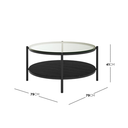 Frances 80cm Round Tempered Glass Coffee Table in Black, featuring a sleek black metal frame, clear glass top, and matching lower shelf, measuring 79 cm diameter and 41 cm height.