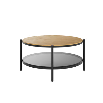 Frances 80cm Round Tempered Glass Coffee Table in Natural features a sleek light wood top, tinted glass shelf below, and a sturdy black metal frame with four legs.