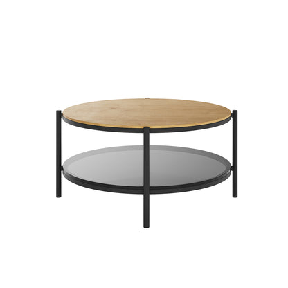 Frances 80cm Round Tempered Glass Coffee Table in Natural features a sleek light wood top, tinted glass shelf below, and a sturdy black metal frame with four legs.