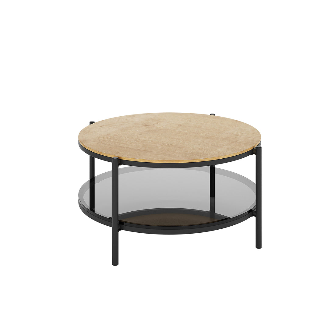 Frances 80cm Round Tempered Glass Coffee Table in Natural features a two-tier design with a light wood top, tinted glass shelf, and black metal frame with three vertical supports.