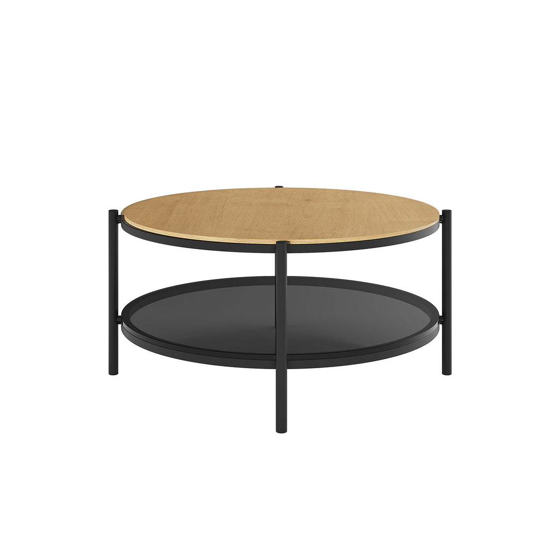 Frances 80cm Round Tempered Glass Coffee Table in Natural featuring a sleek glass top, light wood-effect surface, black circular lower shelf, and slender black metal legs for a minimalist aesthetic.
