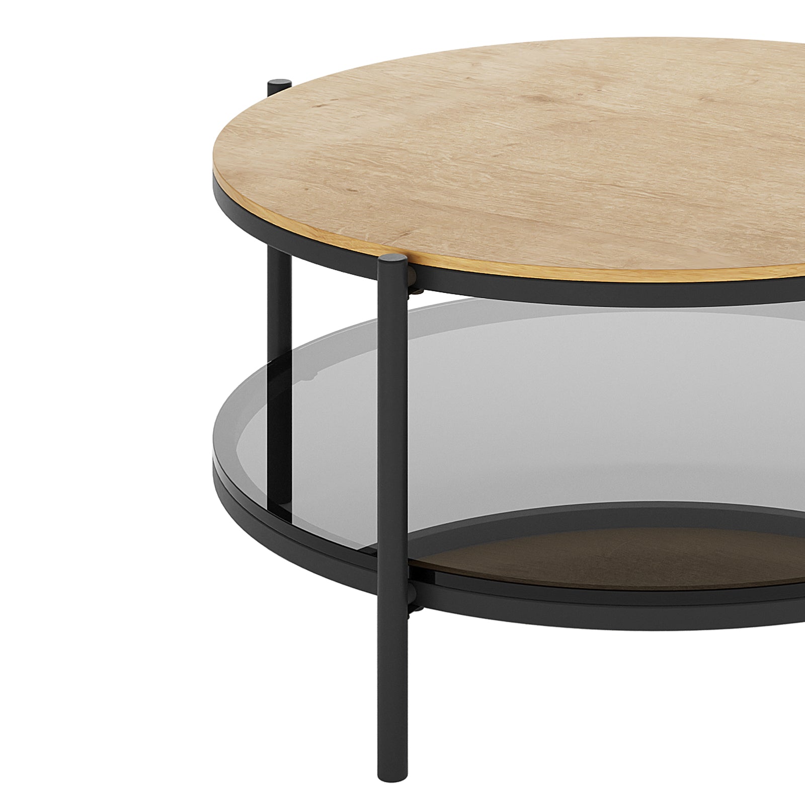 Frances 80cm Round Tempered Glass Coffee Table in Natural, featuring a light wood veneer top, black metal cylindrical legs, and a lower shelf of smoked glass, showcasing a modern two-tiered design.