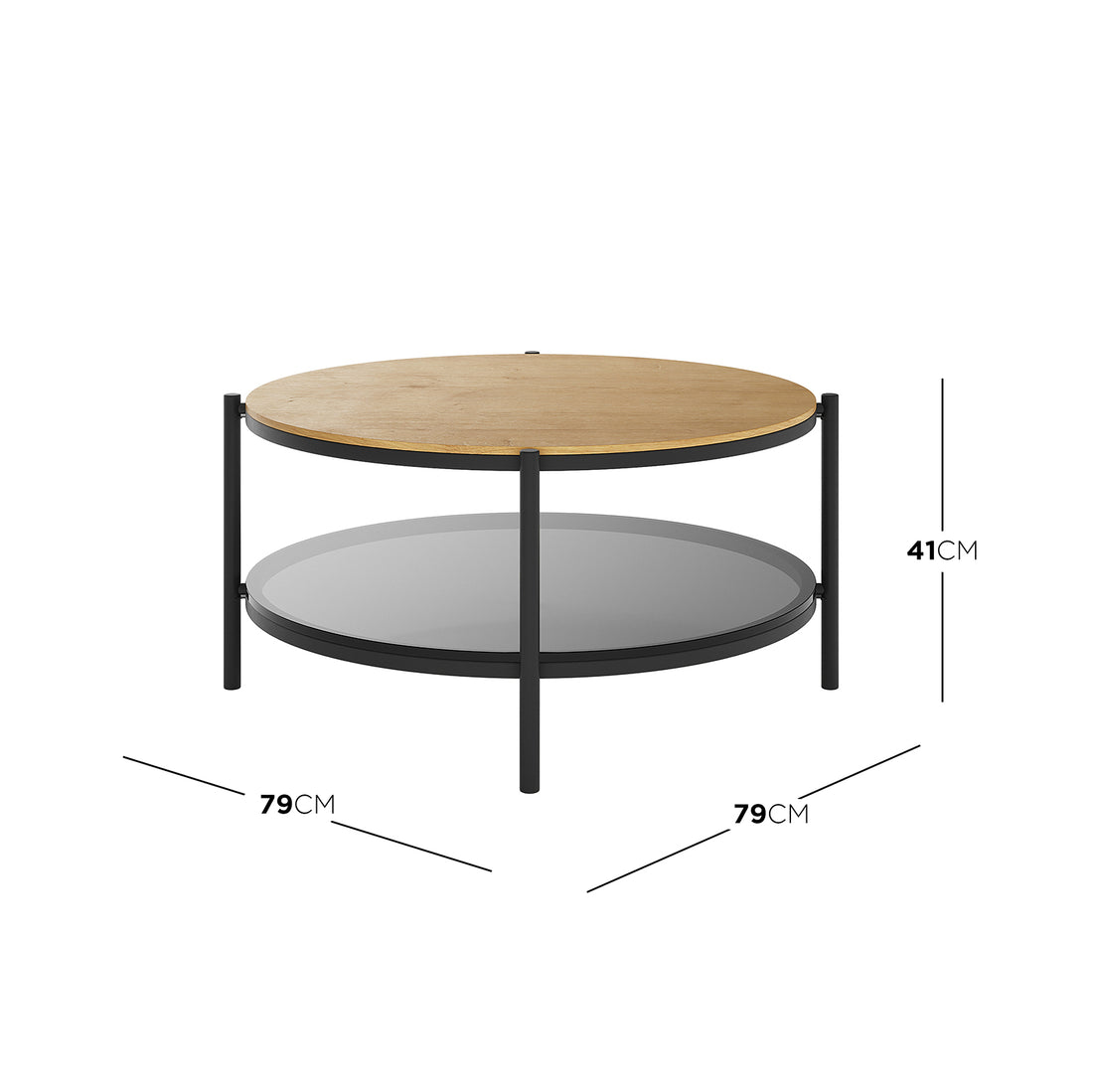 Frances 80cm Round Tempered Glass Coffee Table in Natural, featuring a circular light-wood veneer top, semi-opaque grey lower shelf, and slim black metal legs, ideal for modern living rooms.