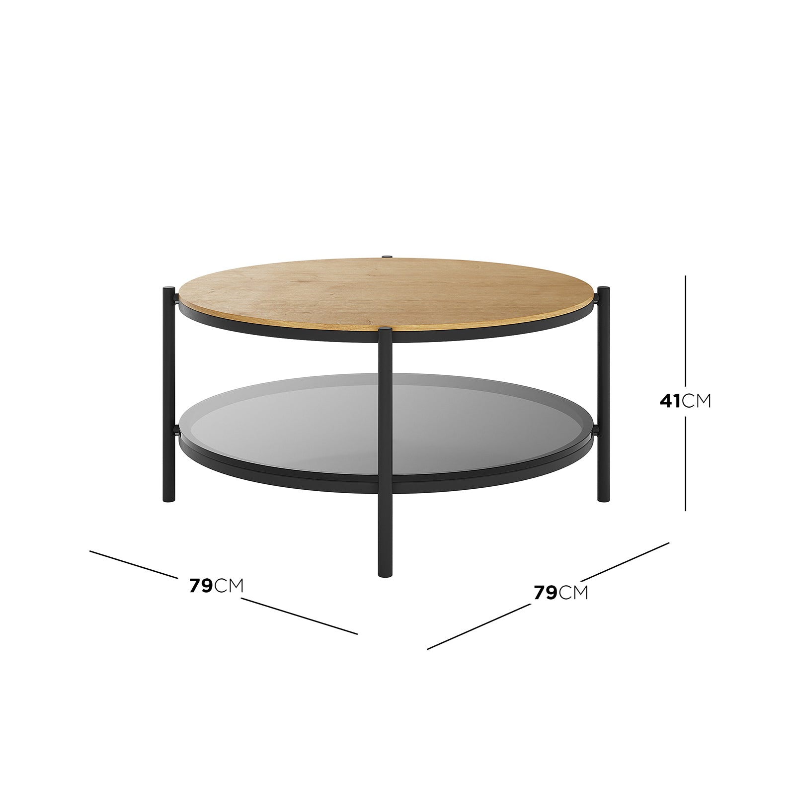 Frances 80cm Round Tempered Glass Coffee Table in Natural, featuring a circular light-wood veneer top, semi-opaque grey lower shelf, and slim black metal legs, ideal for modern living rooms.